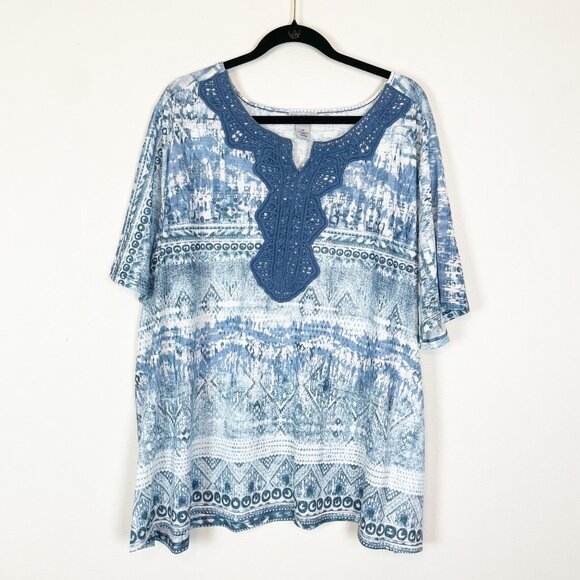 Catherines 3X Blue Bohemian‎ Print Crochet Lace Detail Neck Long T Shirt Tunic - Picture 1 of 7